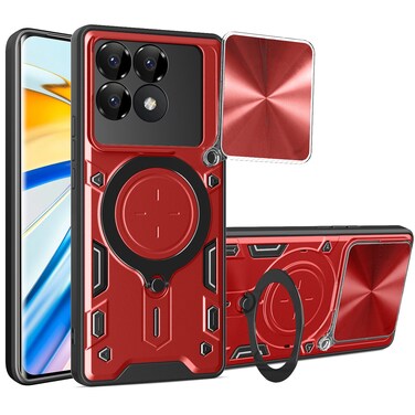 Case cover For Xiaomi Poco F6 Pro CD Texture Sliding Camshield Magnetic Holder Phone Case(Red)
