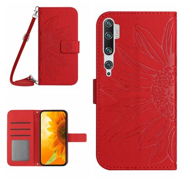 Case cover For Xiaomi Mi Note 10 / Note 10 Pro / CC9 Pro Skin Feel Sun Flower Pattern Flip Leather Phone Case with Lanyard(Red)