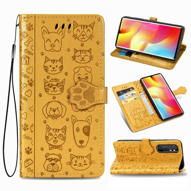 Case cover For Xiaomi Mi Note 10 Lite Lovely Cat and Dog Embossing Pattern Horizontal Flip Leather Case , with Holder &amp; Card Slots &amp; Wallet &amp; Cartoon Clasp &amp; Lanyard(Yellow)