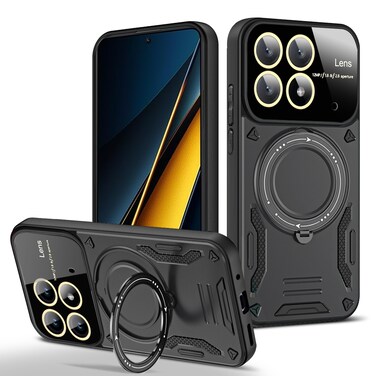 Case cover For Xiaomi Poco X6 Pro Large Window MagSafe Holder Phone Case(Black)