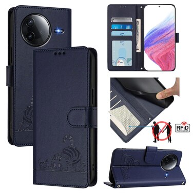 Case cover For Redmi K80 5G / K80 Pro 5G Cat Rat Embossed Pattern RFID Leather Phone Case with Lanyard(Blue)