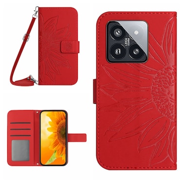 Case cover For Xiaomi 14 Pro Skin Feel Sun Flower Embossed Flip Leather Phone Case with Lanyard(Red)