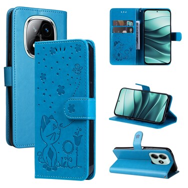 Case cover For Redmi Note 14 5G Cat and Bee Embossed Flip Leather Phone Case(Blue)