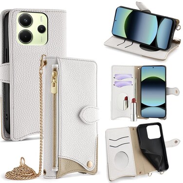 Case cover For Redmi Note 14 4G 163.25mm Crossbody Chain Fishtail Litchi Leather Phone Case(White)