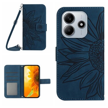 Case cover For Redmi Note 14 5G Skin Feel Sun Flower Embossed Flip Leather Phone Case with Lanyard(Inky Blue)