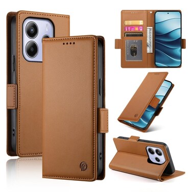 Case cover For Redmi Note 14 4G 164.84mm Side Buckle Magnetic Frosted Leather Phone Case(Brown)