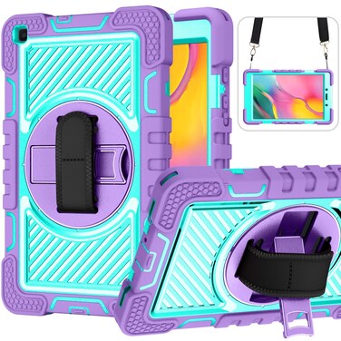 Case cover For Samsung Galaxy Tab A 8.0 2019 T290 360 Degree Rotation Contrast Color Shockproof Silicone + PC Case with Holder &amp; Hand Grip Strap &amp; Shoulder Strap(Purple + Mint Green)