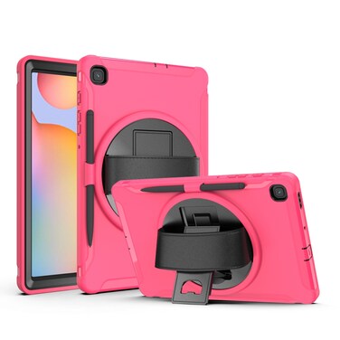 Case cover For Samsung Galaxy Tab S6 Lite 360 Degree Rotation PC+TPU Protective Cover with Holder &amp; Hand Strap &amp; Pen Slot(Rose Red)