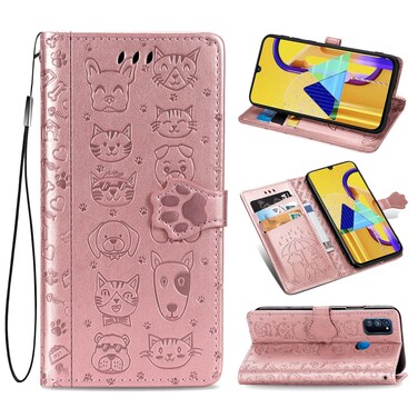 Case cover For Galaxy M30S Cute Cat and Dog Embossed Horizontal Flip Leather Case with Bracket / Card Slot / Wallet / Lanyard(Rose Gold)