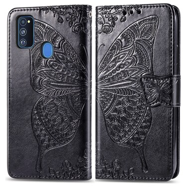 Case cover For Galaxy M30S / M21 Butterfly Love Flower Embossed Horizontal Flip Leather Case with Bracket / Card Slot / Wallet / Lanyard(Black)