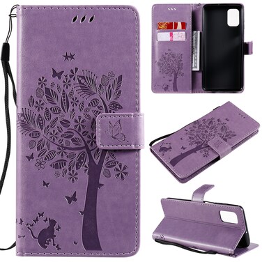 Case cover For Samsung Galaxy M51 Tree &amp; Cat Pattern Pressed Printing Horizontal Flip PU Leather Case with Holder &amp; Card Slots &amp; Wallet &amp; Lanyard(Light Purple)