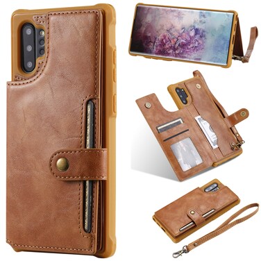 Case cover For Galaxy Note 10 Plus Buckle Zipper Shockproof Protective Case with Holder &amp; Card Slots &amp; Wallet &amp; Lanyard &amp; Photos Frame(Brown)