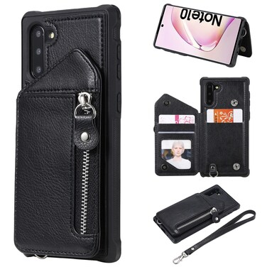 Case cover For Galaxy Note 10 Dual Buckles Zipper Shockproof Back Cover Protective Case with Holder &amp; Card Slots &amp; Wallet &amp; Lanyard &amp; Photos Frames(Black)