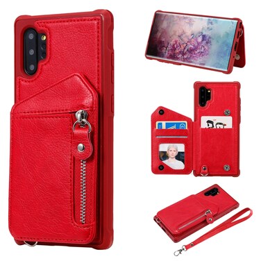 Case cover For Galaxy Note 10 Plus Dual Buckles Zipper Shockproof Back Cover Protective Case with Holder &amp; Card Slots &amp; Wallet &amp; Lanyard &amp; Photos Frames(Red)