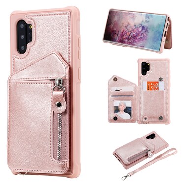 Case cover For Galaxy Note 10 Plus Dual Buckles Zipper Shockproof Back Cover Protective Case with Holder &amp; Card Slots &amp; Wallet &amp; Lanyard &amp; Photos Frames(Rose gold)