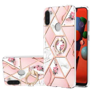 Case cover For Samsung Galaxy M11/A11 US/EU Verison Electroplating Splicing Marble Flower Pattern TPU Shockproof Case with Rhinestone Ring Holder(Pink Flower)