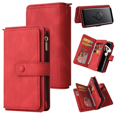 Case cover For Samsung Galaxy S9 Skin Feel PU + TPU Horizontal Flip Leather Case with Holder &amp; 15 Cards Slot &amp; Wallet &amp; Zipper Pocket &amp; Lanyard(Red)