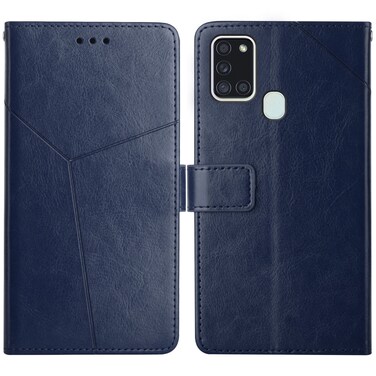 Case cover For Samsung Galaxy A21s EU Version Y Stitching Horizontal Flip Leather Case with Holder &amp; Card Slots &amp; Wallet &amp; Photo Frame(Blue)