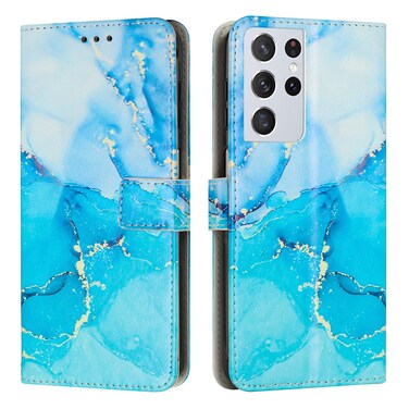 Case cover For Samsung Galaxy S21 Ultra 5G Painted Marble Pattern Leather Phone Case(Blue Green)
