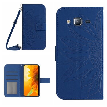 Case cover For Samsung Galaxy J2 Prime Skin Feel Sun Flower Pattern Flip Leather Phone Case with Lanyard(Dark Blue)