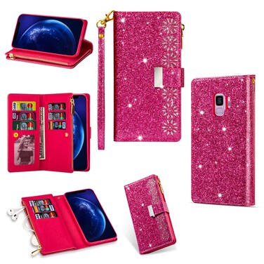 Case cover For Samsung Galaxy S9 Multi-card Slots Starry Sky Laser Carving Glitter Zipper Horizontal Flip Leather Case with Holder &amp; Wallet &amp; Lanyard(Rose Red)