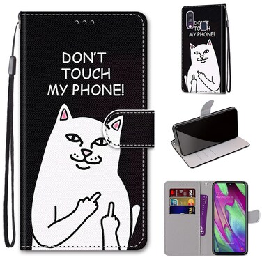 Case cover For Samsung Galaxy A40 Coloured Drawing Cross Texture Horizontal Flip PU Leather Case with Holder &amp; Card Slots &amp; Wallet &amp; Lanyard(Middle Finger White Cat)
