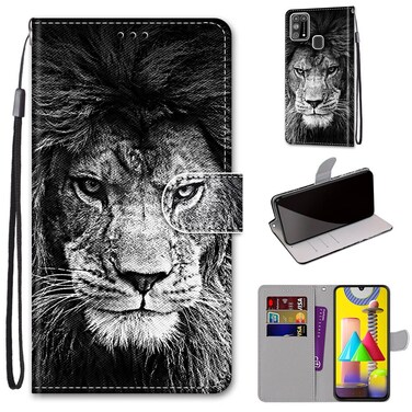 Case cover For Samsung Galaxy M31 Coloured Drawing Cross Texture Horizontal Flip PU Leather Case with Holder &amp; Card Slots &amp; Wallet &amp; Lanyard(Black and White Lion Head)