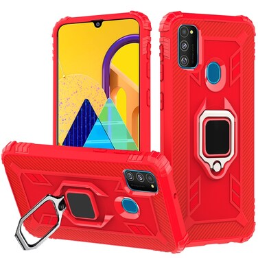 Case cover For Galaxy M30s Carbon Fiber Protective Case with 360 Degree Rotating Ring Holder(Red)