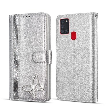 Case cover For Samsung Galaxy A21S Glitter Powder Butterfly Leather Phone Case(Silver)