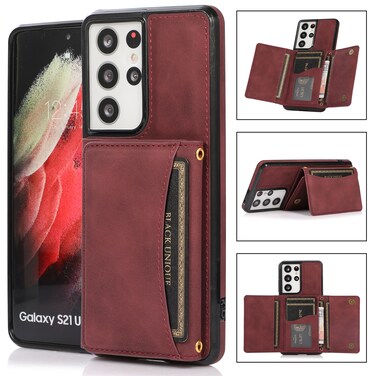 Case cover For Samsung Galaxy S21 Ultra Three-fold Leather Phone Case with Card Slot &amp; Wallet &amp; Holder(Wine Red)
