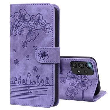 Case cover For Samsung Galaxy A33 5G Cartoon Sakura Cat Embossed Leather Phone Case(Purple)