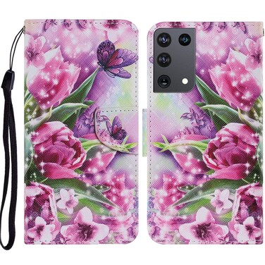 Case cove For Samsung Galaxy S21 Ultra 5G Coloured Drawing Pattern Horizontal Flip PU Leather Case with Holder &amp; Card Slots &amp; Wallet &amp; Lanyard(Rose Butterfly)