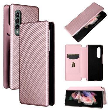 Case cover For Samsung Galaxy Z Fold3 5G Carbon Fiber Texture Horizontal Flip TPU + PC + PU Leather Case with Card Slot(Pink)