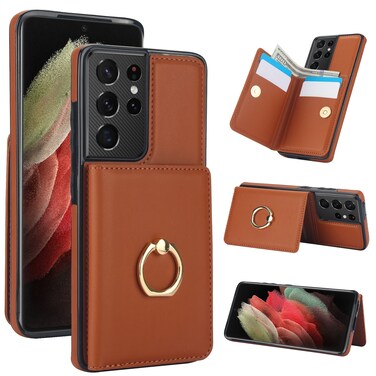 Case Cover For Samsung Galaxy S21 Ultra 5G RFID Anti-theft Card Ring Holder Phone Case(Brown)