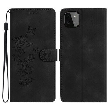 Case Cover For Samsung Galaxy A22 5G Flower Butterfly Embossing Pattern Leather Phone Case(Black)