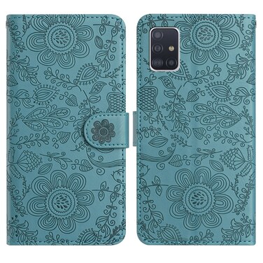 Case Cover For Samsung Galaxy A51 4G Floral Embossed Pattern Leather Phone Case(Dark Green)