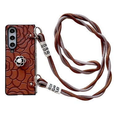 Case Cover For Samsung Galaxy Z Fold3 5G Impression Camellia Pattern Protective Phone Case with Long Lanyard(Brown)
