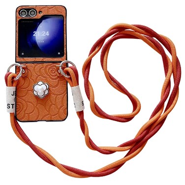 Case Cover For Samsung Galaxy Z Flip4 5G Impression Camellia Pattern Protective Phone Case with Long Lanyard(Orange)