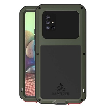 Case Cover For Samsung Galaxy A71 5G LOVE MEI Metal Shockproof Waterproof Dustproof Protective Case with Glass(Army Green)