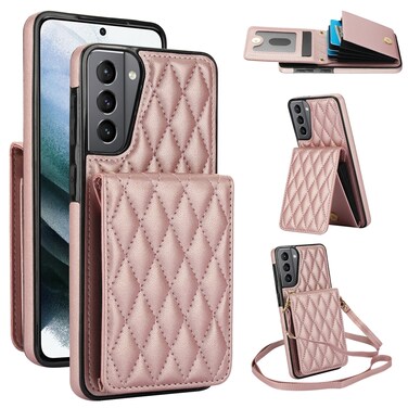 Case Cover For Samsung Galaxy S21+ 5G YM015 Crossbody Rhombic Card Bag RFID Phone Case(Rose Gold)