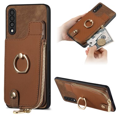 Case Cover For Samsung Galaxy A50 Cross Leather Ring Vertical Zipper Wallet Back Phone Case(Brown)