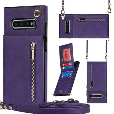 Case Cover For Samsung Galaxy S10 Plus Cross-body Zipper Square TPU+PU Back Cover Case with Holder &amp; Card Slots &amp; Wallet &amp; Strap(Purple)