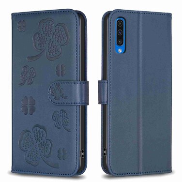 Case Cover For Samsung Galaxy A50 Four-leaf Embossed Leather Phone Case(Blue)