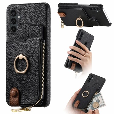 Case Cover For Samsung Galaxy A34 Litchi Leather Oil Edge Ring Zipper Wallet Back Phone Case(Black)
