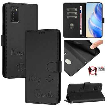 Case Cover For Samsung Galaxy A02s 164mm Smile Embossing RFID Leather Phone Case(Black)