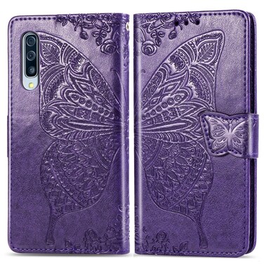 Case Cover Butterfly Love Flowers Embossing Horizontal Flip Leather Case for Galaxy A70, with Holder &amp; Card Slots &amp; Wallet &amp; Lanyard (Dark Purple)