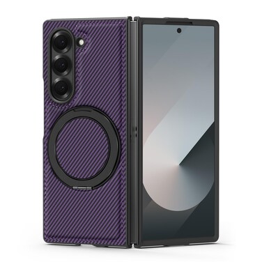 Case Cover For Samsung Galaxy Z Fold5 5G Kevlar Carbon Fiber 360 Rotation MagSafe Holder Phone Case(Purple)