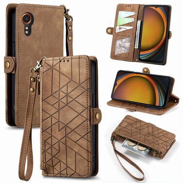 Case Cover For Samsung Galaxy Xcover 7 Geometric Zipper Wallet Side Buckle Leather Phone Case(Brown)
