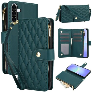 Case Cover For Samsung Galaxy A36 5G YM016 Rhombic Zipper Card Wallet Leather Phone Case with Lanyard(Green)