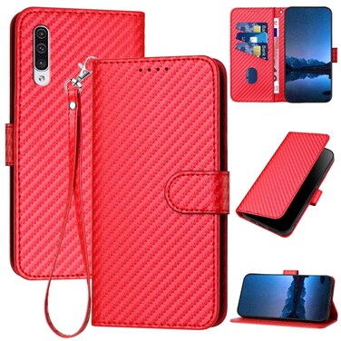 Case Cover For Samsung Galaxy A50 / A50s YX0070 Carbon Fiber Buckle Leather Phone Case with Lanyard(Red)